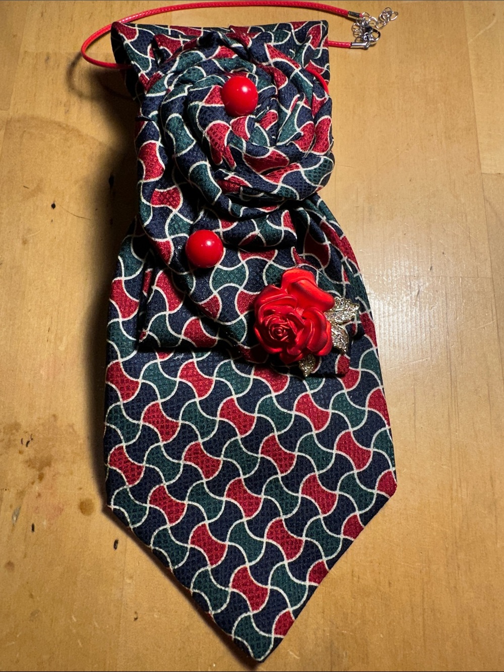 Premier Red and Dark Green Floral Accent Necklace Tie with Rose Pin